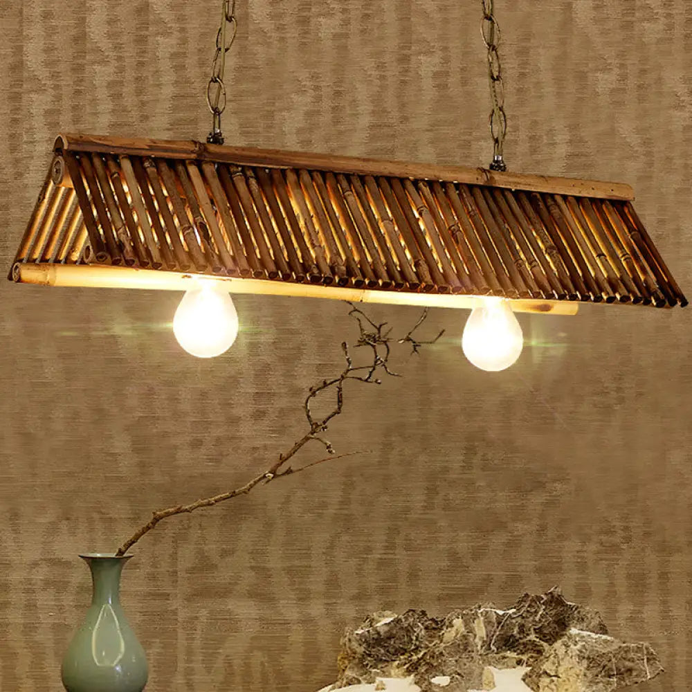 Chinese Bamboo Triangular Island Light - Brown Pendant Lighting Fixture With 2 Heads For Tearoom