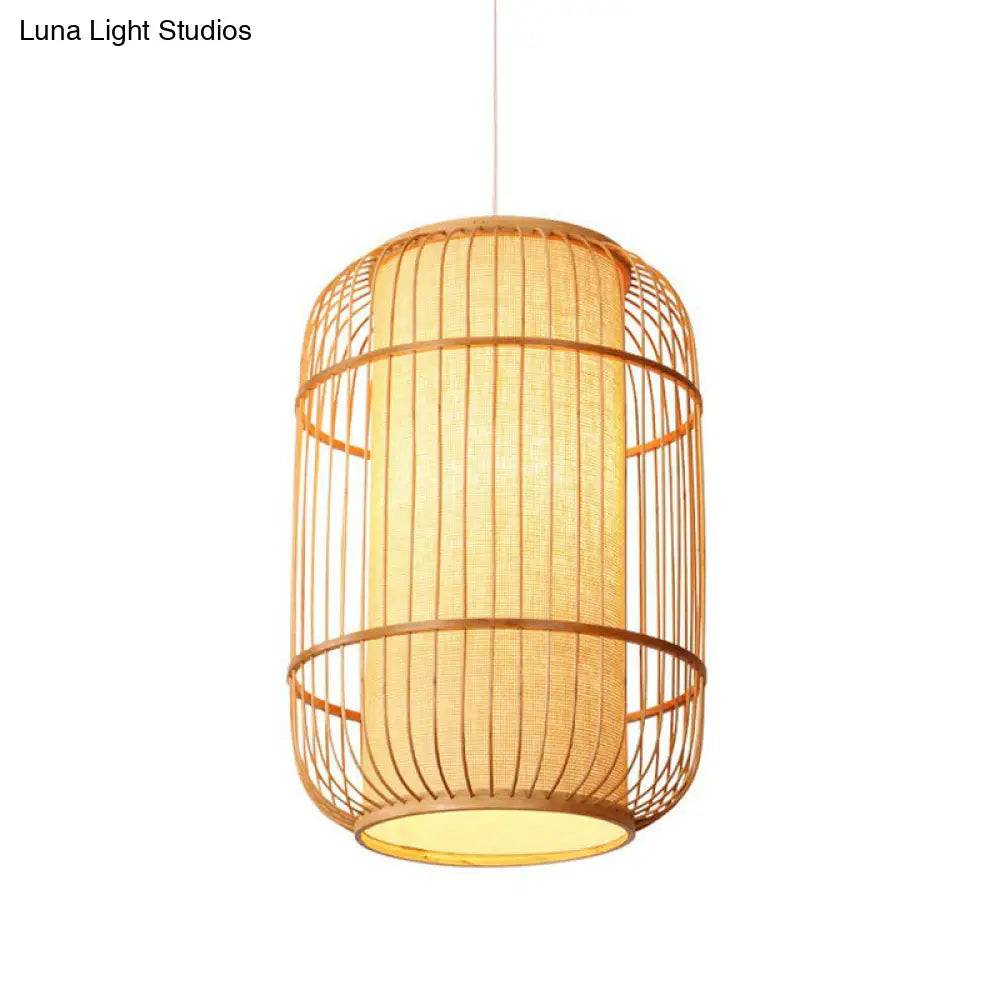 Chinese Bamboo Wood Pendant Lamp - Oval Hanging Ceiling Lantern With Shade Inside