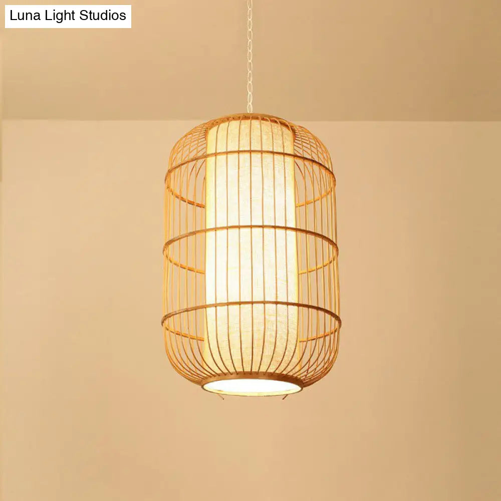 Chinese Bamboo Wood Pendant Lamp - Oval Hanging Ceiling Lantern With Shade Inside