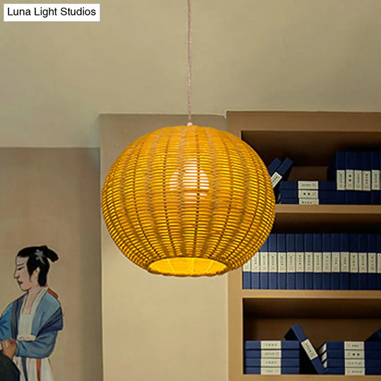 Chinese Beige Bamboo Pendant Light With Globe Shade - Restaurant Quality