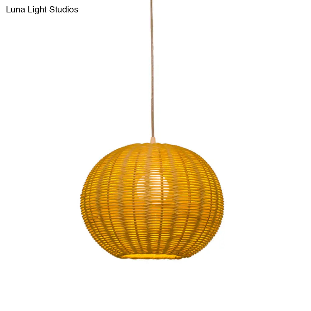 Chinese Beige Bamboo Pendant Light With Globe Shade - Restaurant Quality