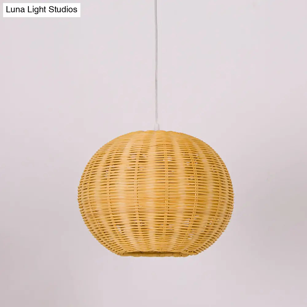 Chinese Beige Bamboo Pendant Light With Globe Shade - Restaurant Quality