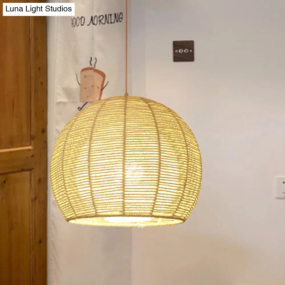 Chinese Beige Bamboo Sphere Ceiling Lamp - 1 Head Hanging Light Fixture