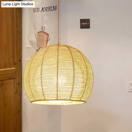 Chinese Beige Bamboo Sphere Ceiling Lamp - 1 Head Hanging Light Fixture