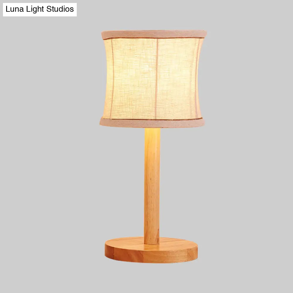 Chinese Beige Night Table Lamp With Barrel Fabric Shade - 1 Bulb Bedroom Task Light