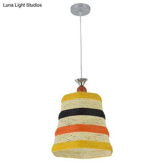 Chinese Bell Pendant Lamp: Rattan Fiber Single Hanging Light For Restaurants