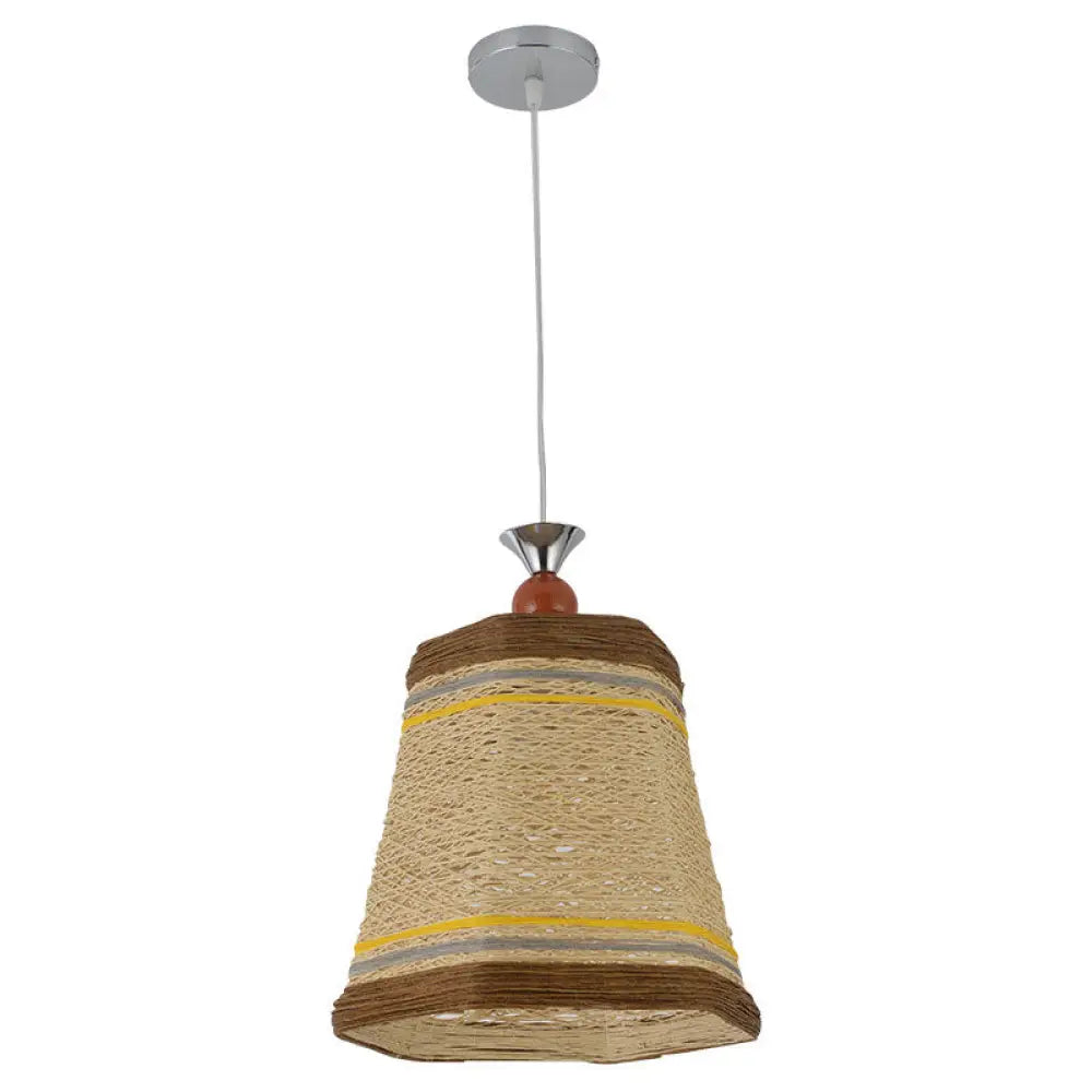 Chinese Bell Pendant Lamp: Rattan Fiber Single Hanging Light For Restaurants Brown