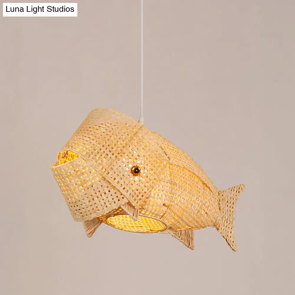 Chinese Ceiling Pendant: Carp Fish Restaurant Hanging Light Bamboo Woven 1-Light Design In Beige