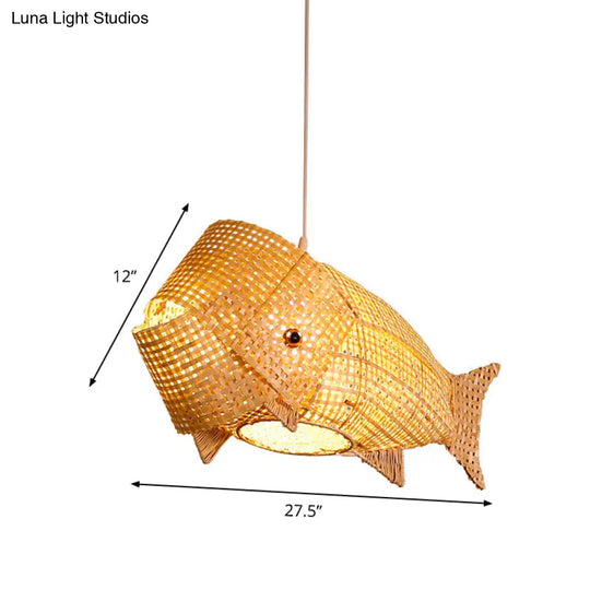 Chinese Ceiling Pendant: Carp Fish Restaurant Hanging Light Bamboo Woven 1-Light Design In Beige