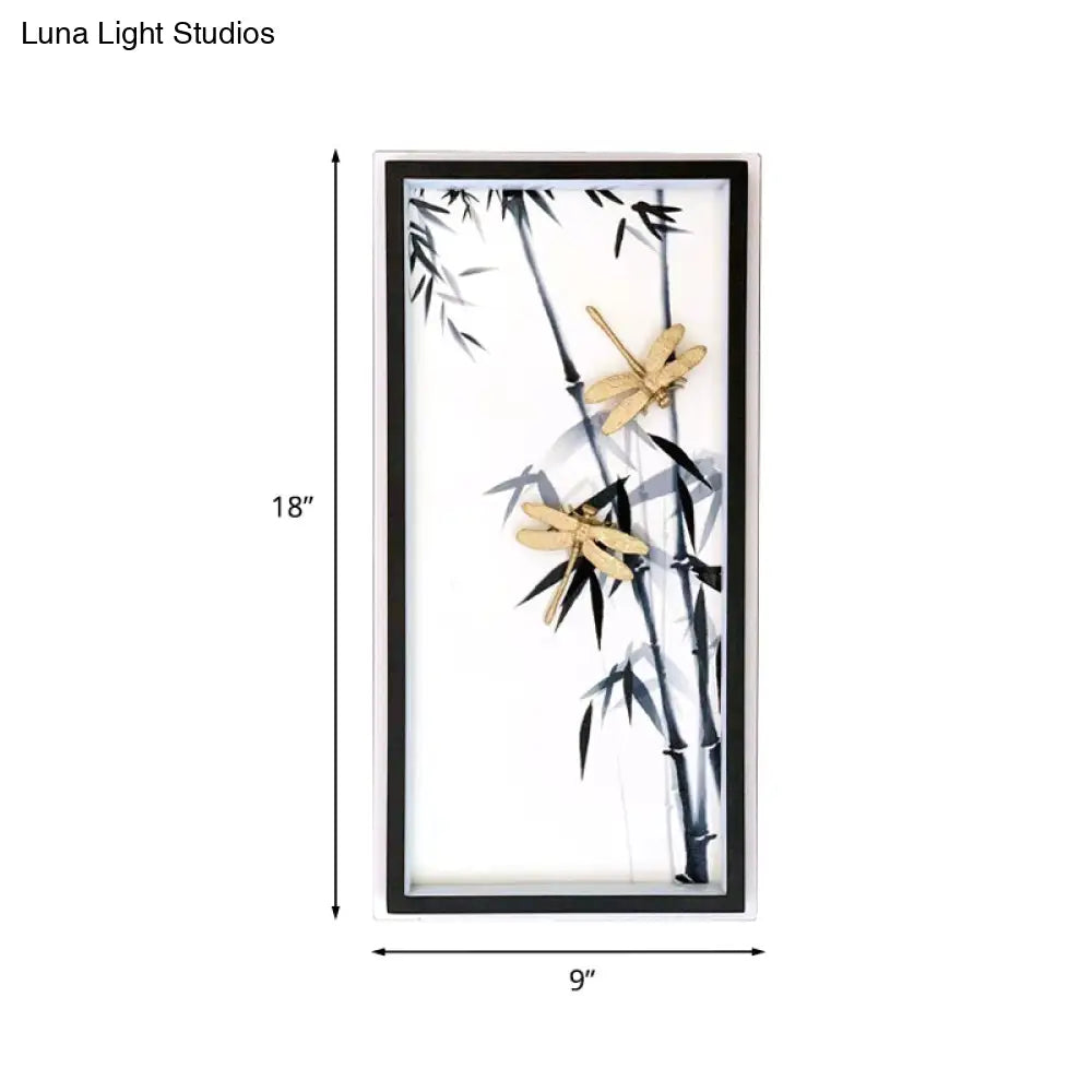 Chinese Dragonfly & Bamboo Printed Led Wall Lamp For Bedroom