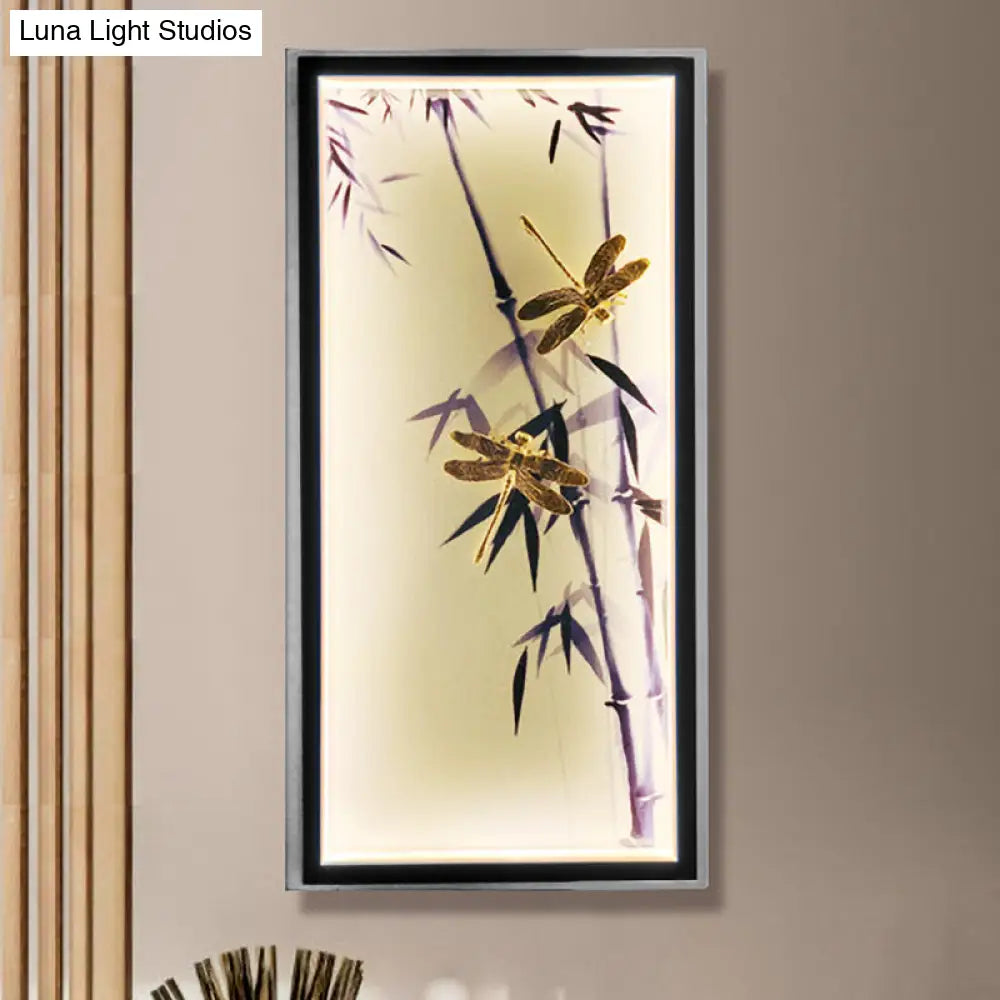 Chinese Dragonfly & Bamboo Printed Led Wall Lamp For Bedroom