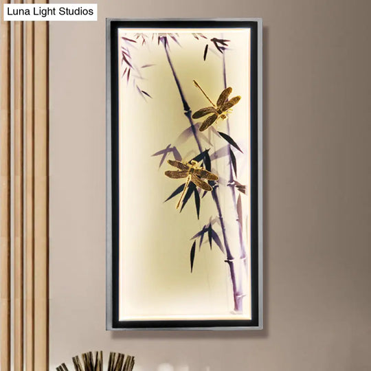 Chinese Dragonfly & Bamboo Printed Led Wall Lamp For Bedroom