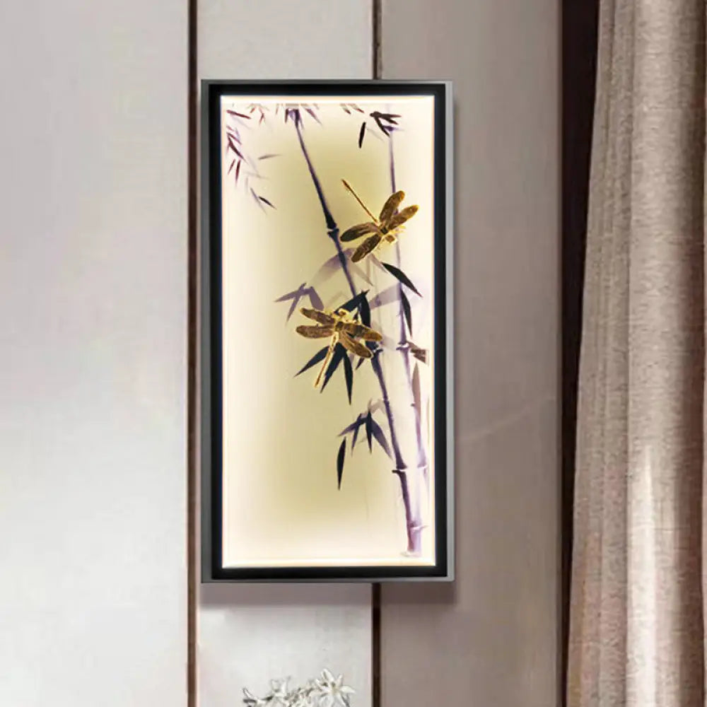 Chinese Dragonfly & Bamboo Printed Led Wall Lamp For Bedroom Black