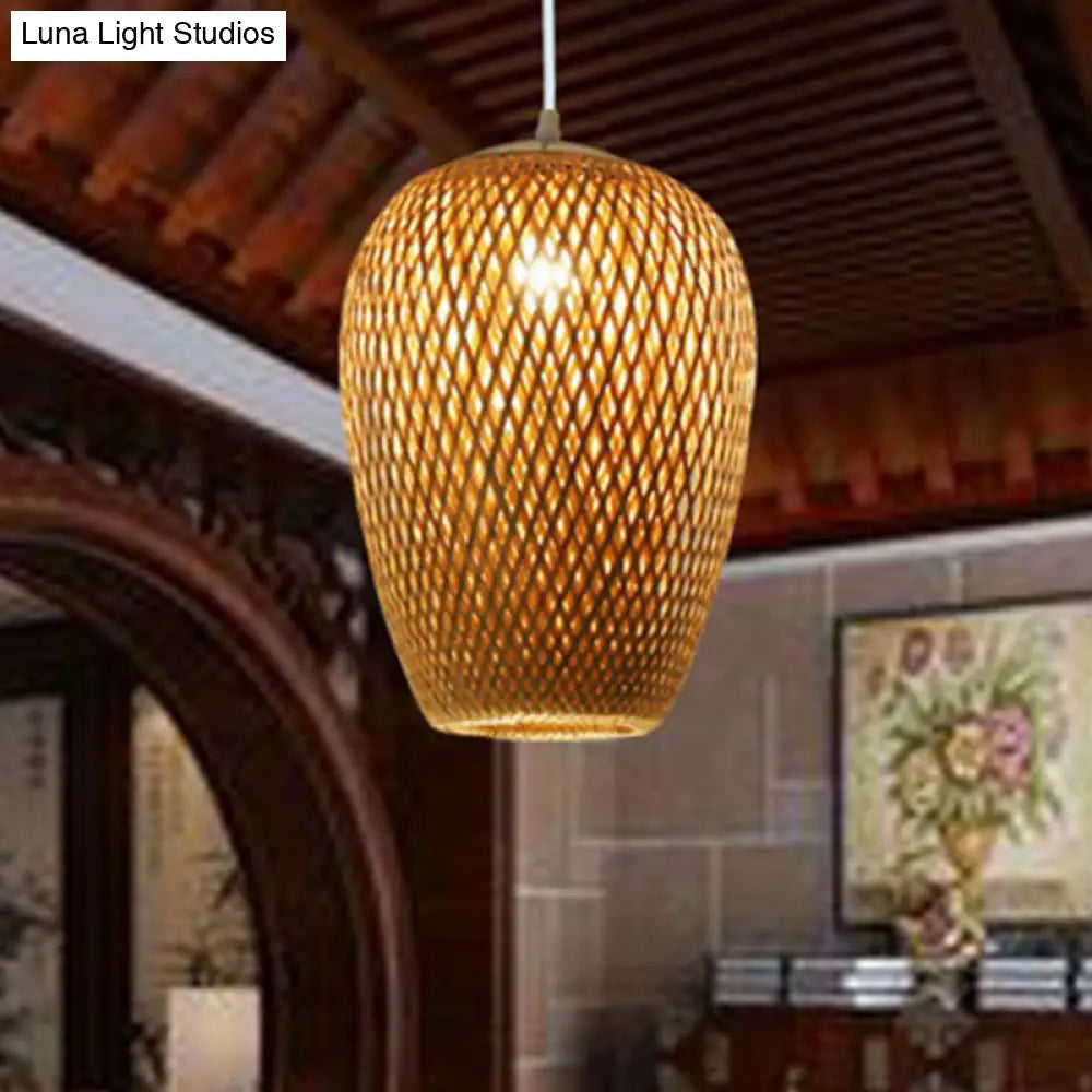 Chinese Hand-Woven Bamboo Pendant Light - Beige