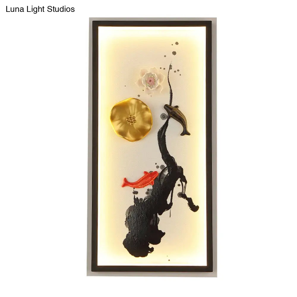 Chinese Ink Lotus Pond Led Wall Sconce In Black For Elegant Living Room Lighting