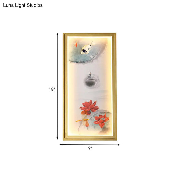 Chinese Ink Village Lotus Mural Lamp - Fabric Led Wall Mount Light In Gold For Family Room