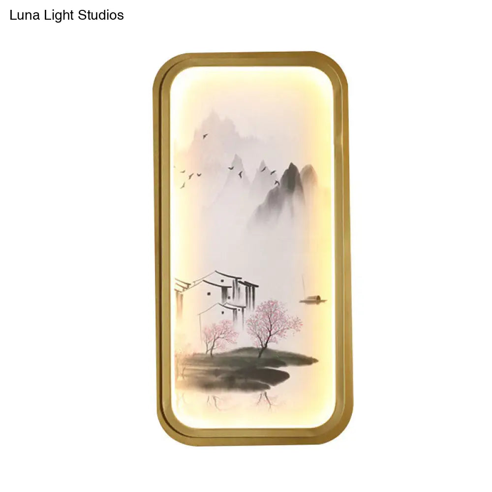 Chinese Ink Village Lotus Mural Lamp - Fabric Led Wall Mount Light In Gold For Family Room