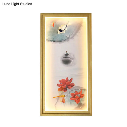 Chinese Ink Village Lotus Mural Lamp - Fabric Led Wall Mount Light In Gold For Family Room