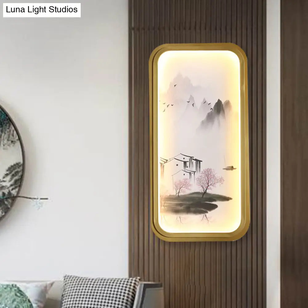 Chinese Ink Village Lotus Mural Lamp - Fabric Led Wall Mount Light In Gold For Family Room