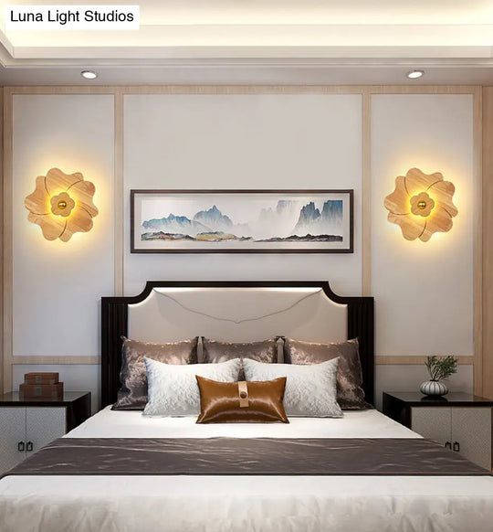 Chinese-Inspired Flower-Shaped Wooden Sconce: Decorative Wall Lighting For Bedroom/ Tearoom