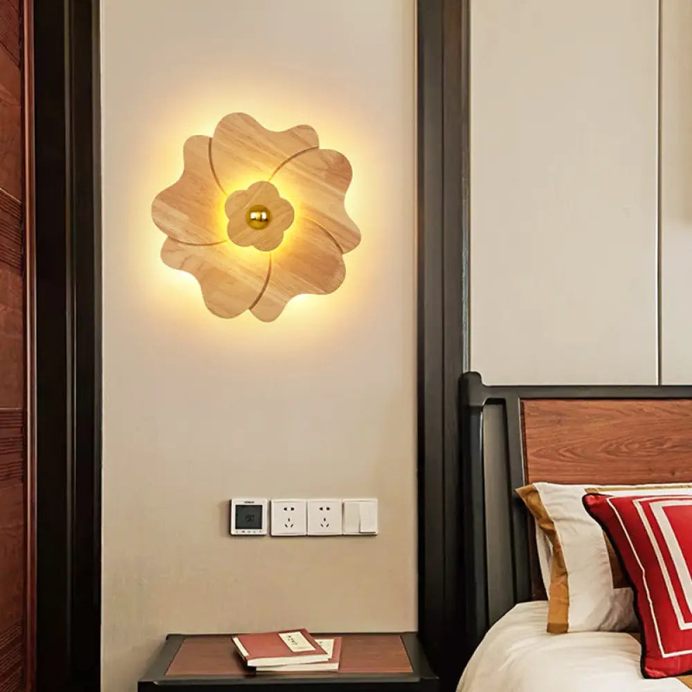 Chinese-Inspired Flower-Shaped Wooden Sconce: Decorative Wall Lighting For Bedroom/ Tearoom Wood