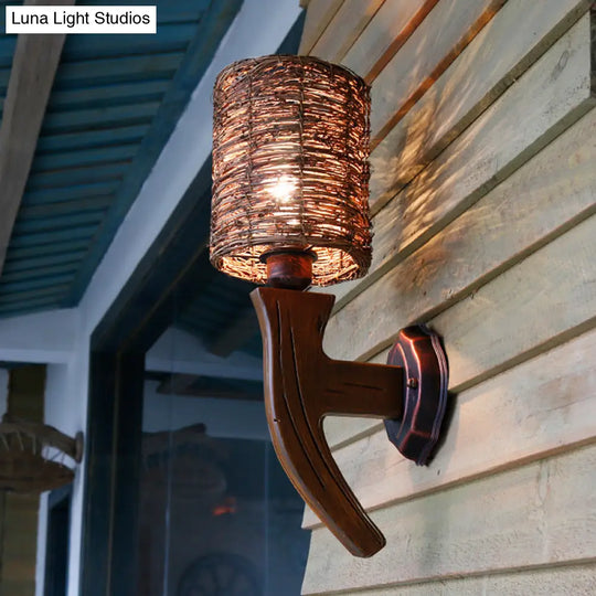 Chinese Inspired Wood Wall Lamp With Rattan Shade And Bulb - Brown Sconce Light Fixture