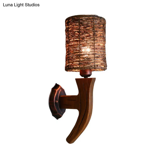 Chinese Inspired Wood Wall Lamp With Rattan Shade And Bulb - Brown Sconce Light Fixture