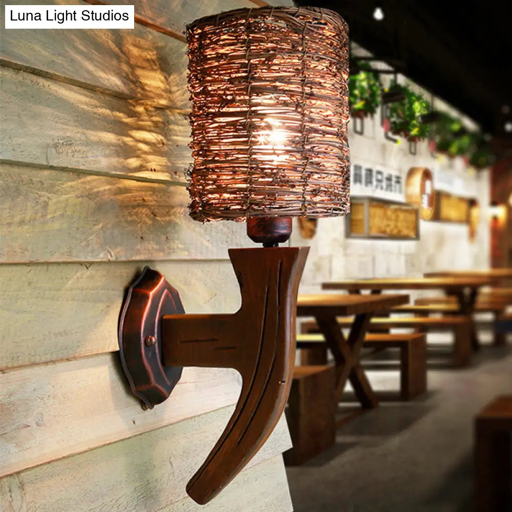 Chinese Inspired Wood Wall Lamp With Rattan Shade And Bulb - Brown Sconce Light Fixture