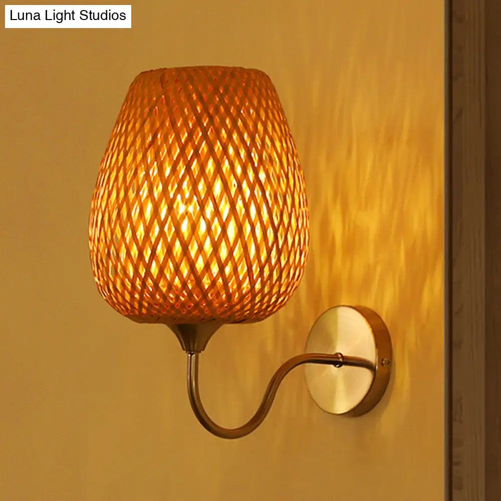 Chinese Khaki Dining Room Wall Lamp: Stylish Sconce Light Fixture With Basket Bamboo Shade