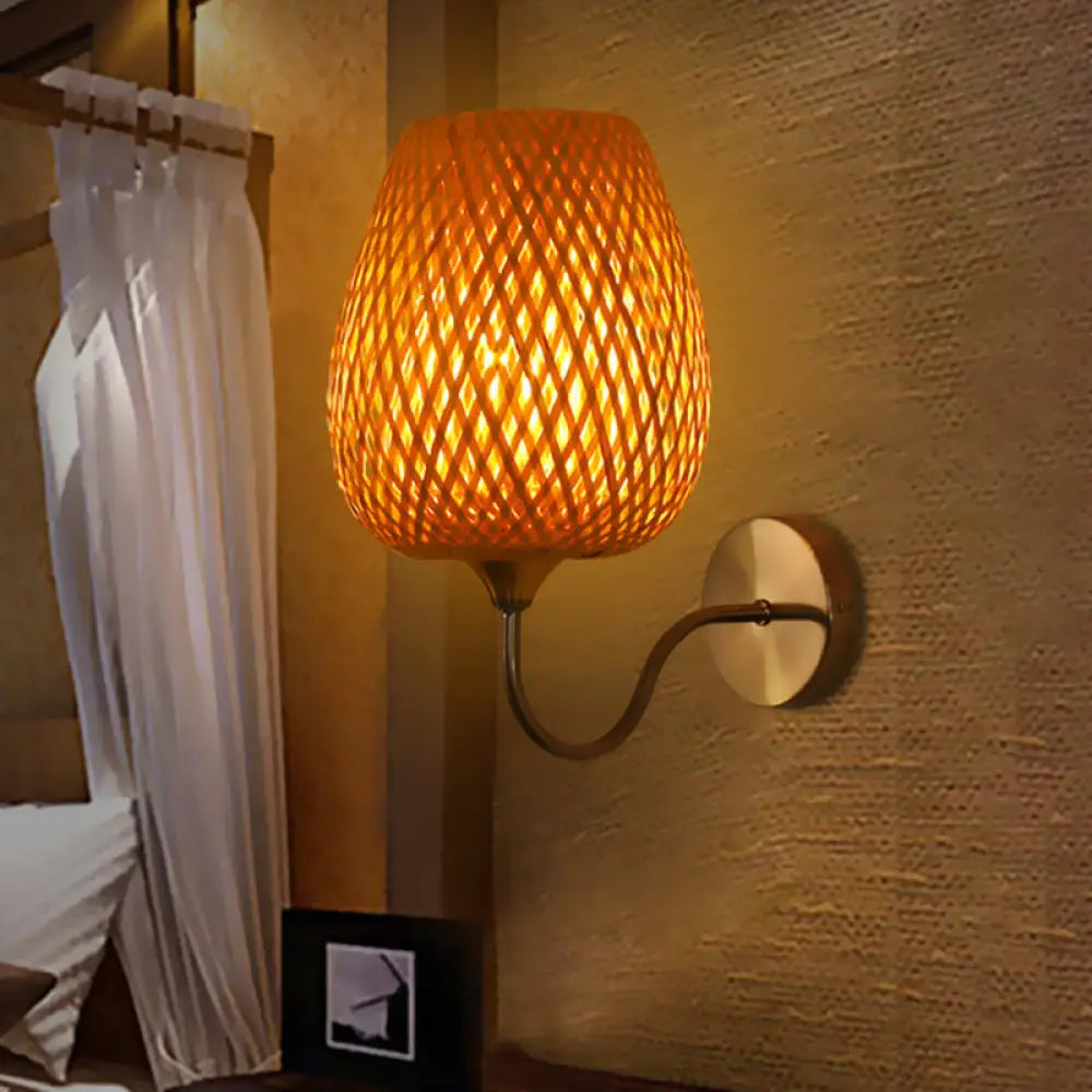 Chinese Khaki Dining Room Wall Lamp: Stylish Sconce Light Fixture With Basket Bamboo Shade