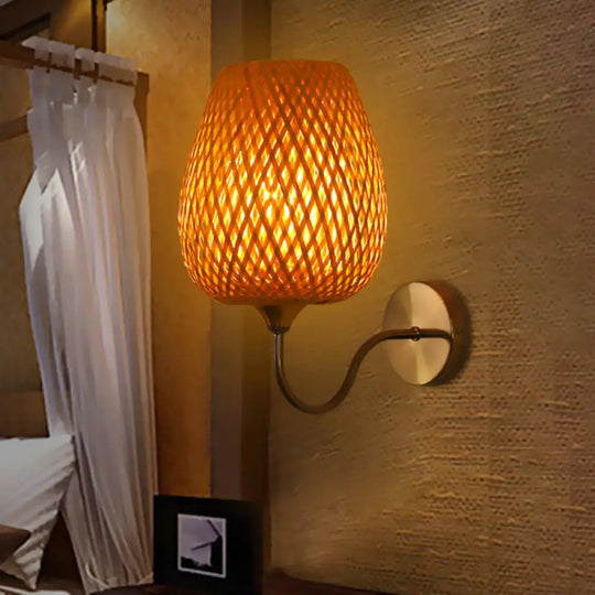 Chinese Khaki Dining Room Wall Lamp: Stylish Sconce Light Fixture With Basket Bamboo Shade