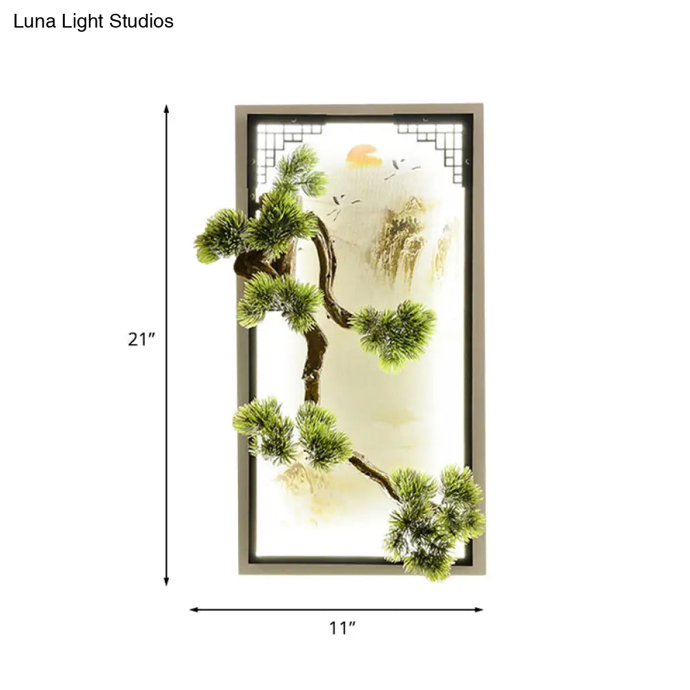 Chinese Landscape Pine Tree Iron Mural Sconce Light With Led Flush Mount - Green Decor