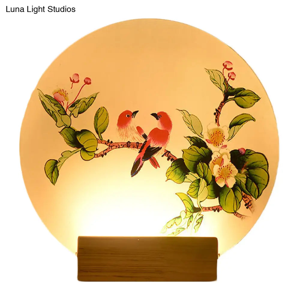 Chinese Led Acrylic Mural Light With Circular Birds And Flowers Wood Wall Mount