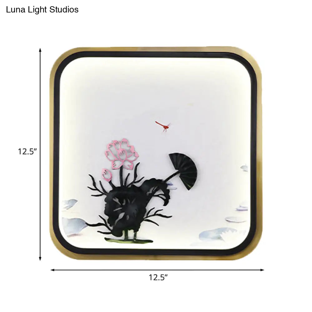 Chinese Lotus Led Wall Light In Black/Gold: Square/Rectangle Metallic Mural Lighting