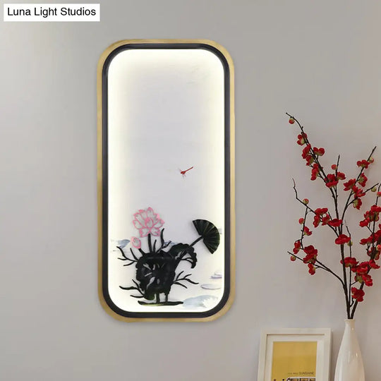 Chinese Lotus Led Wall Light In Black/Gold: Square/Rectangle Metallic Mural Lighting