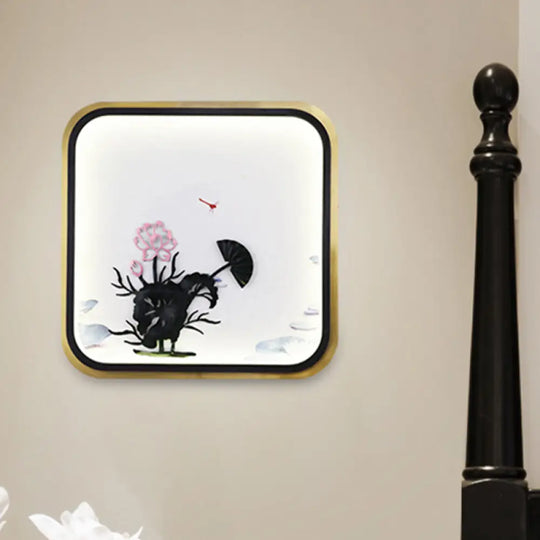 Chinese Lotus Led Wall Light In Black/Gold: Square/Rectangle Metallic Mural Lighting Black-Gold /