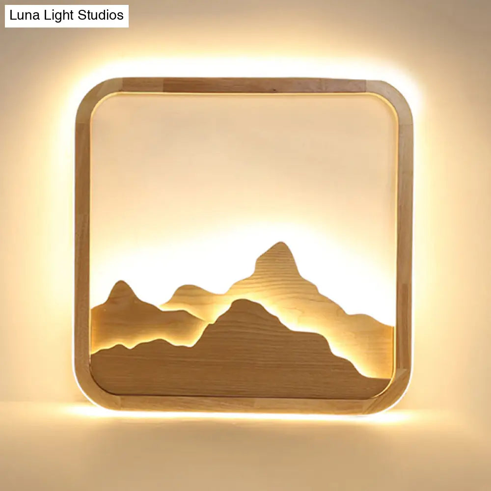 Chinese Mountain Wood Rectangle Flush Ceiling Led Light Fixture For Bedroom