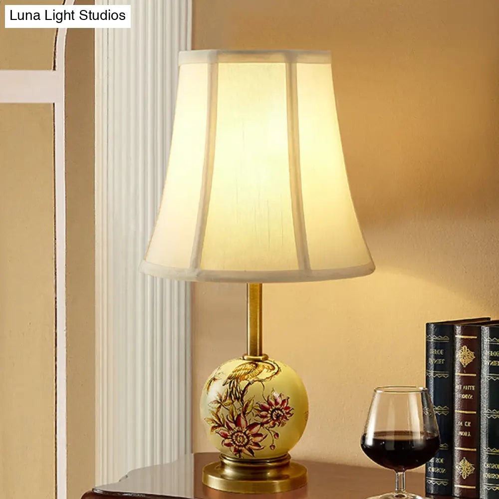 Chinese Painting Ceramic Table Lamp With Flared Fabric Shade - Perfect For The Sitting Room