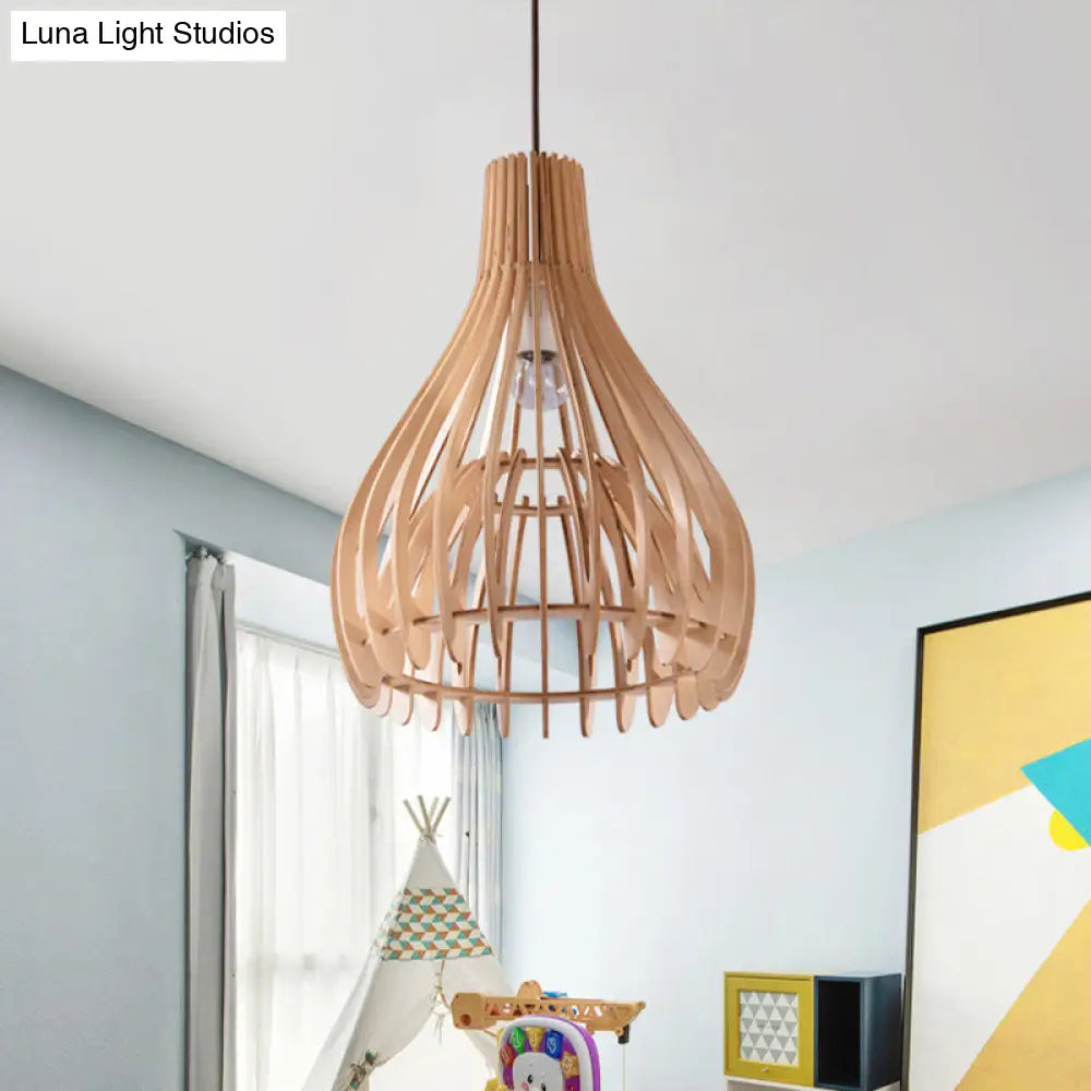 Chinese Pear Pendant Ceiling Light In Beige Wood Finish