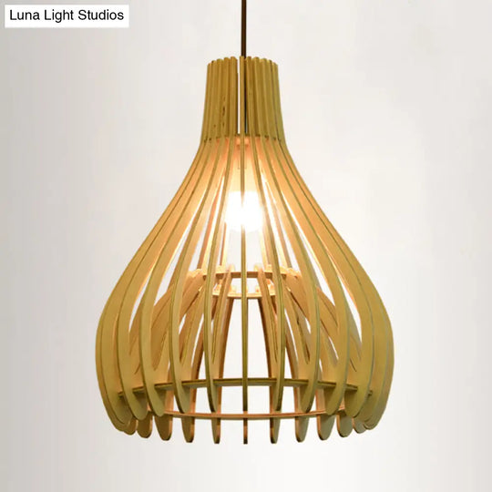 Chinese Pear Pendant Ceiling Light In Beige Wood Finish