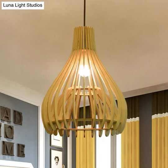 Chinese Pear Pendant Ceiling Light In Beige Wood Finish