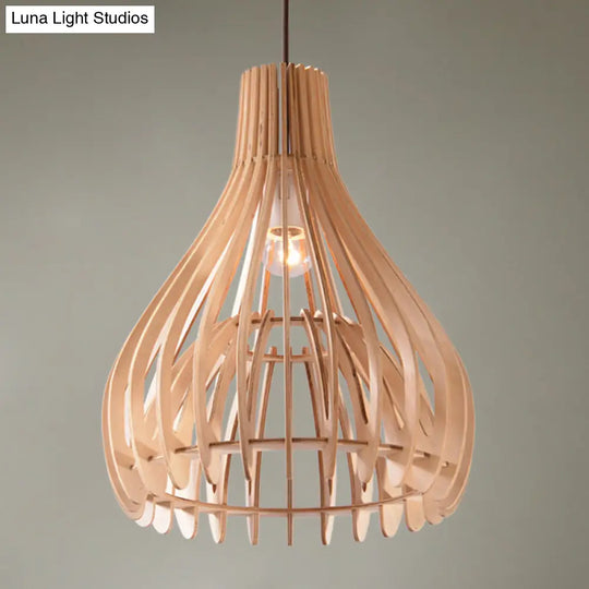 Chinese Pear Pendant Ceiling Light In Beige Wood Finish