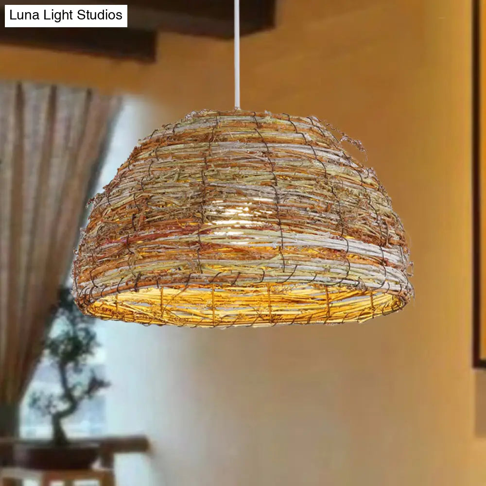 Chinese Rattan Dome Hanging Lamp - Flaxen 1-Head Pendant Light Fixture For Teahouse