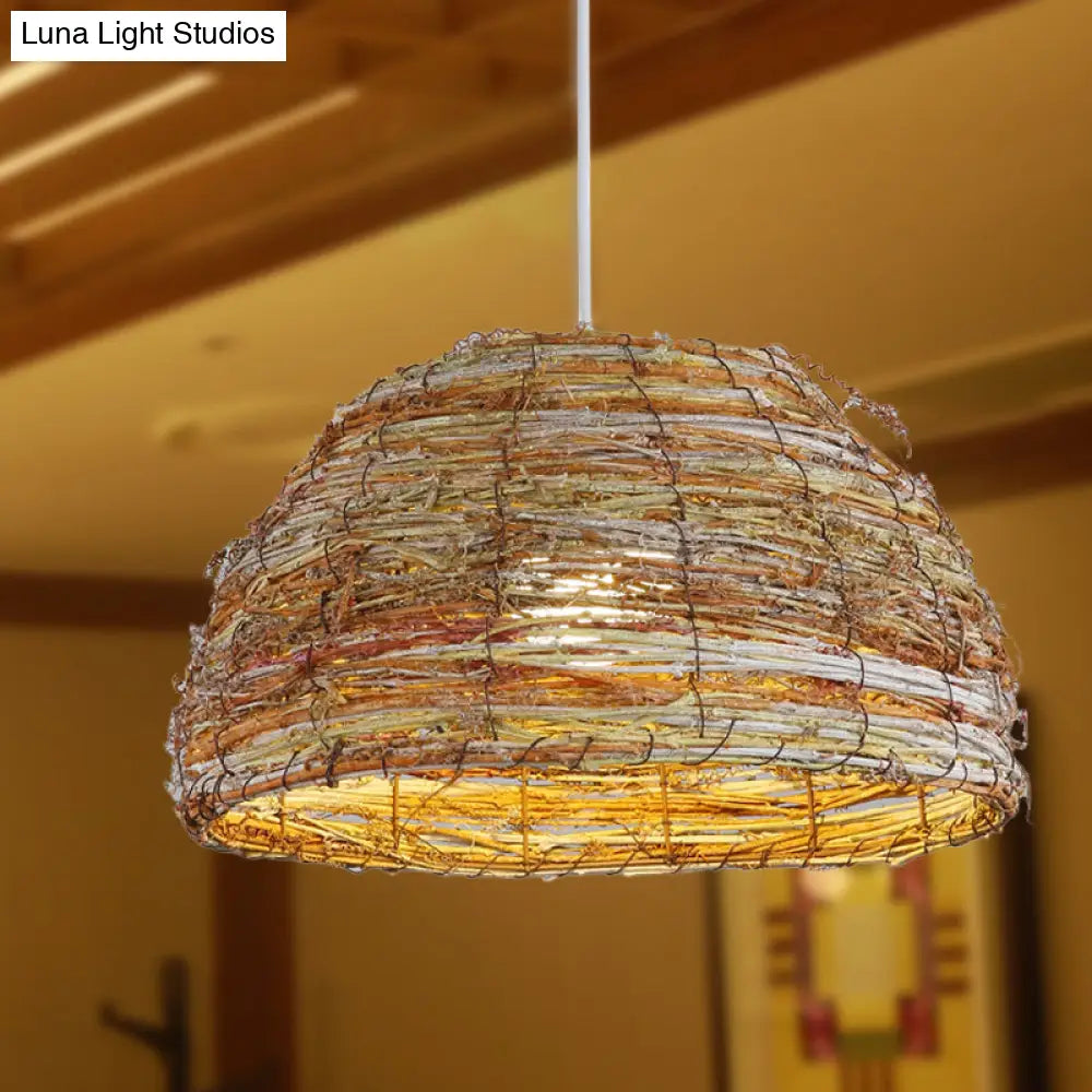 Chinese Rattan Dome Hanging Lamp - Flaxen 1-Head Pendant Light Fixture For Teahouse