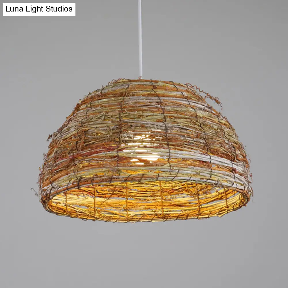 Chinese Rattan Dome Hanging Lamp - Flaxen 1-Head Pendant Light Fixture For Teahouse