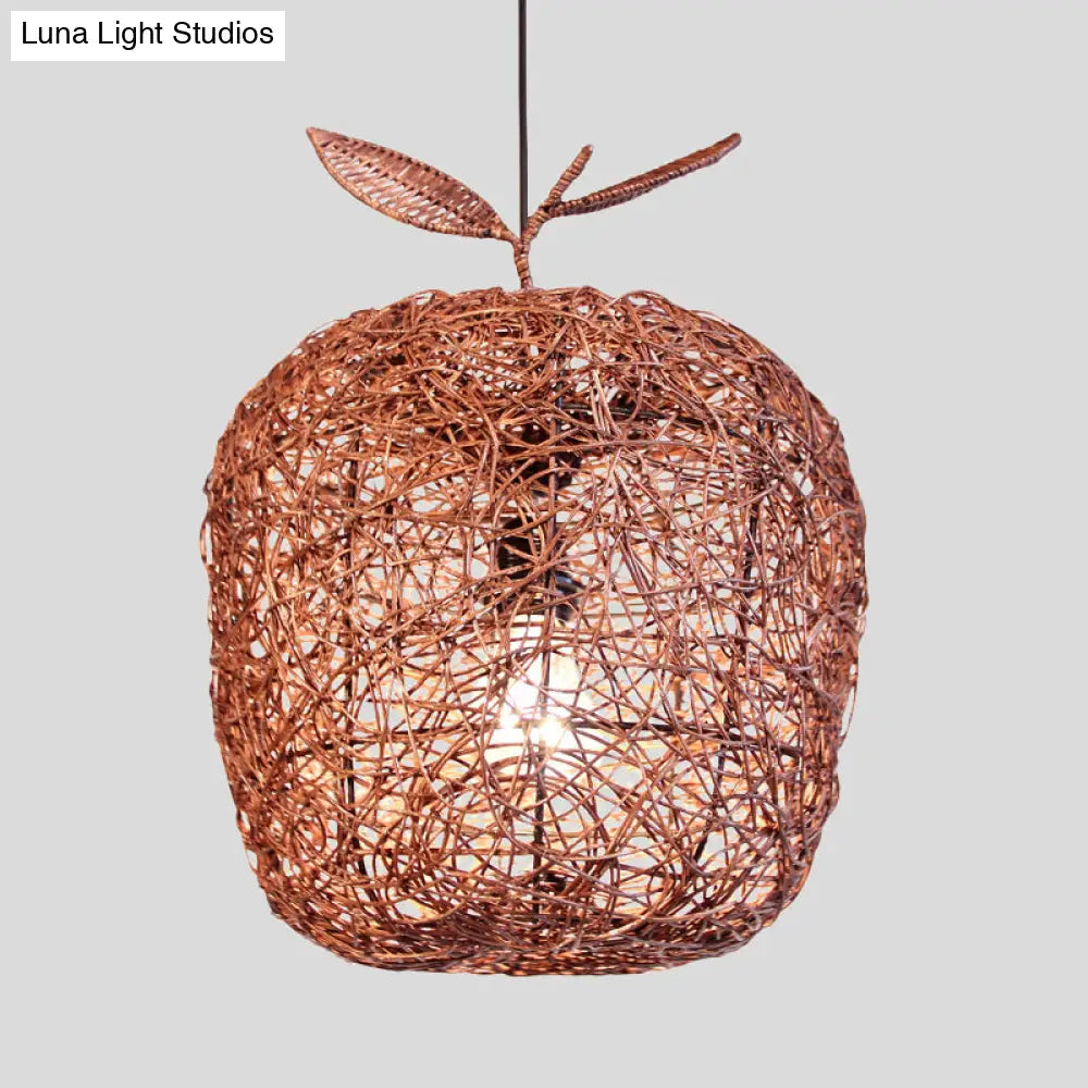 Chinese Rattan Hanging Lamp - 1 Head Pendant Light For Dining Room Brown Apple Design