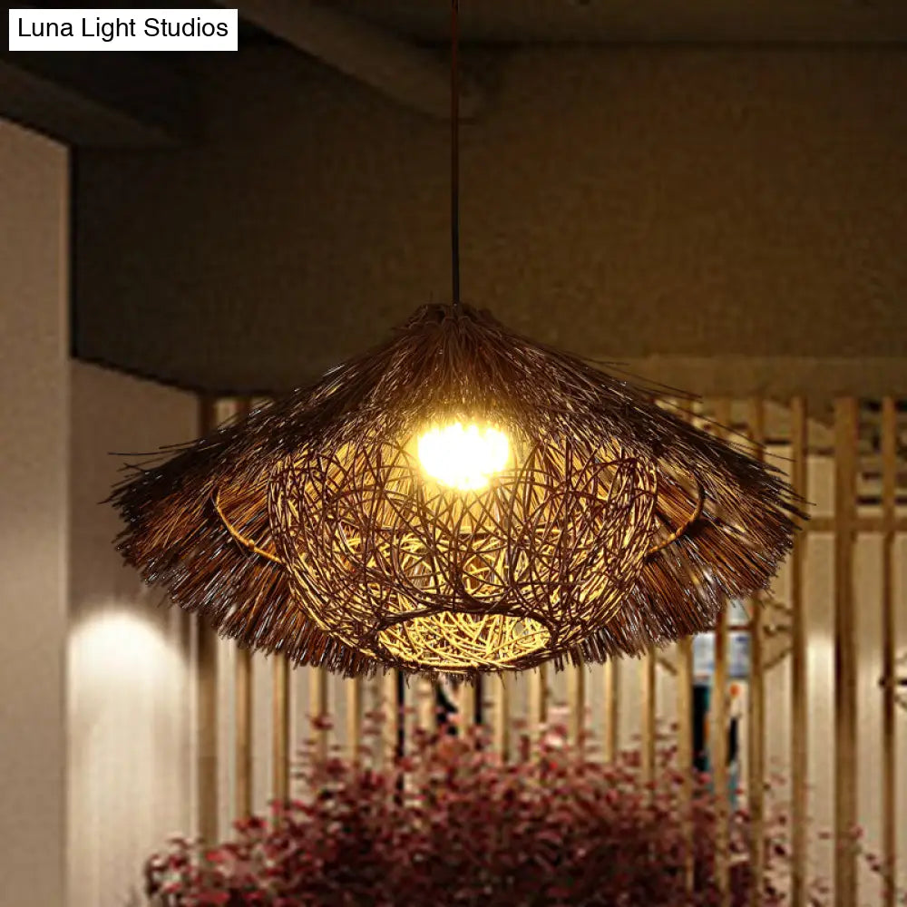 Chinese Rattan Tapered Hanging Light With Coffee Finish - 1 Head Suspended Lighting Fixture Multiple