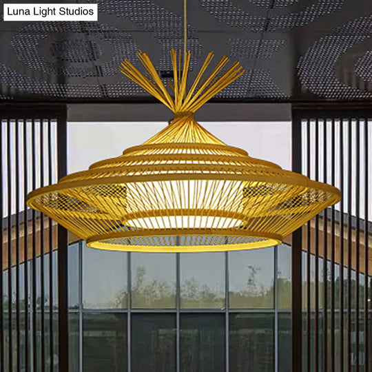 Chinese Restaurant Pendant Light With Unique Urn Cage And Barrel Shade