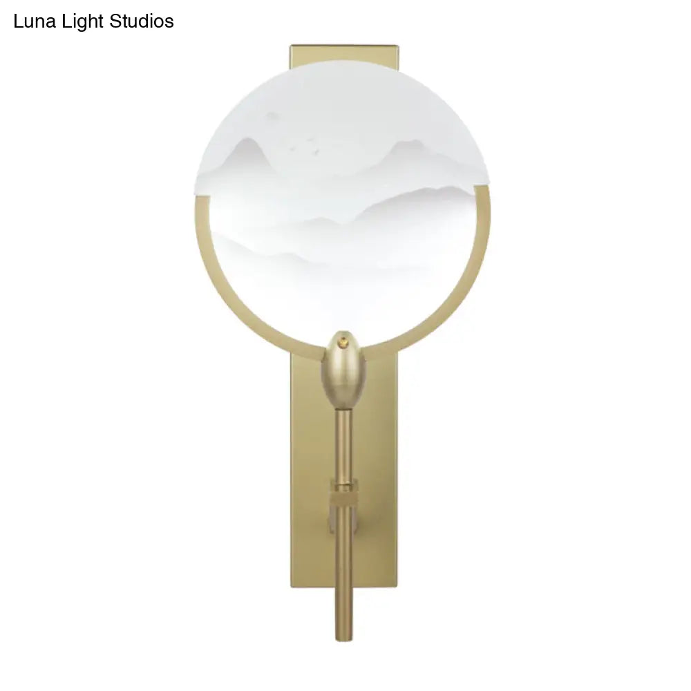 Chinese Round Fan Led Wall Light Fixture In Gold - Acrylic Bedside Mural Sconce