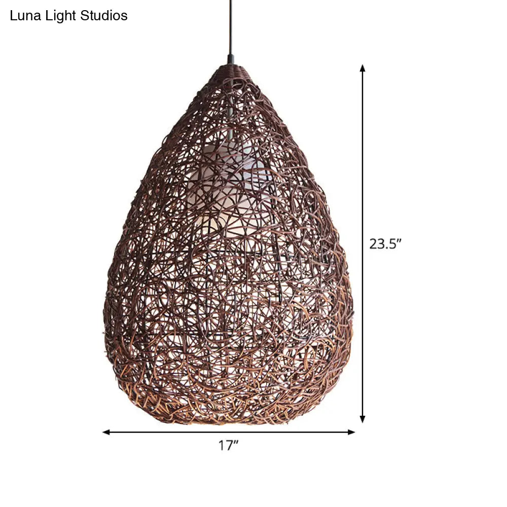 Chinese Single Bulb Hanging Light With Brown Pear Pendant And Rattan Shade - Elegant Lighting